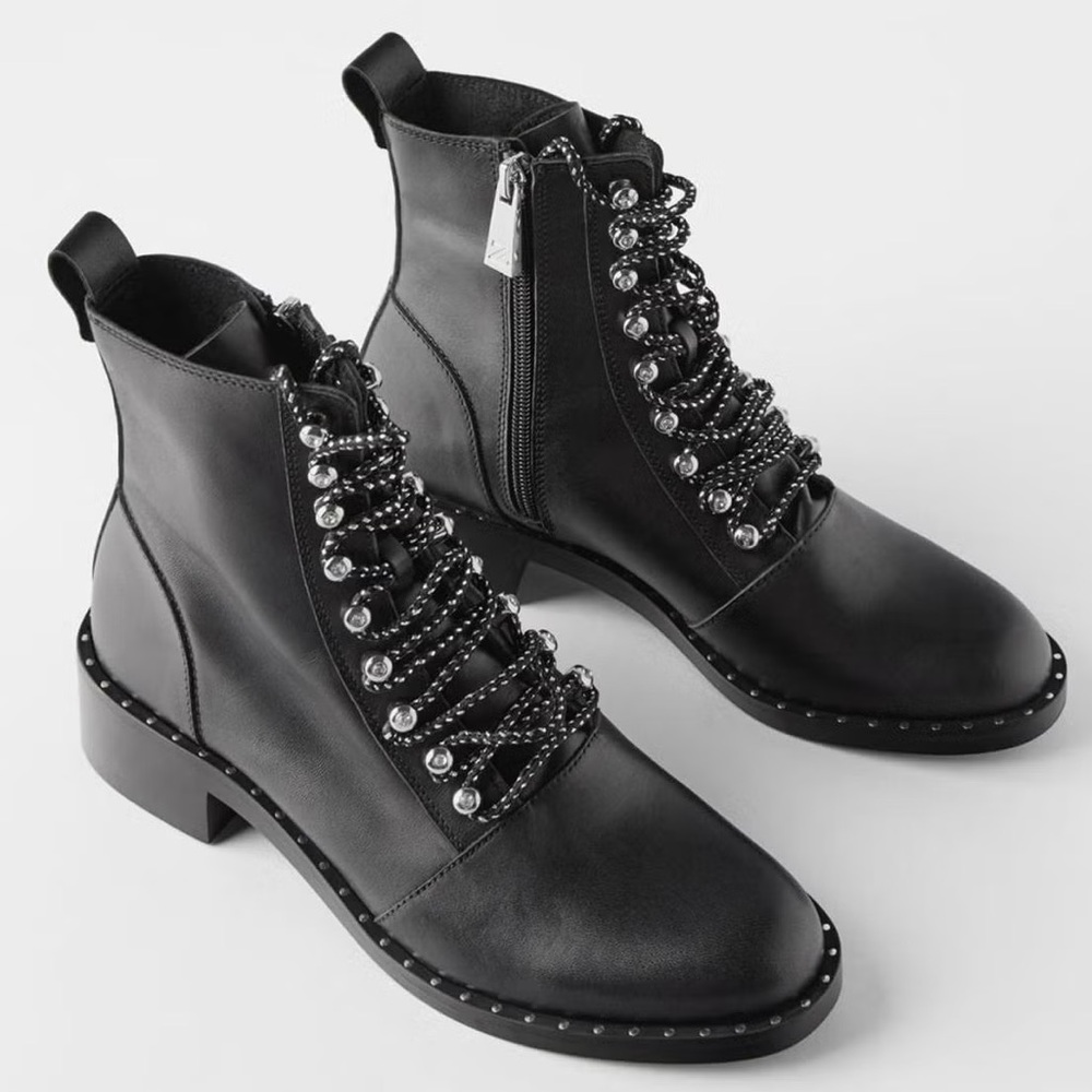 Black Leather Ankle Boots with Pearl Detailing